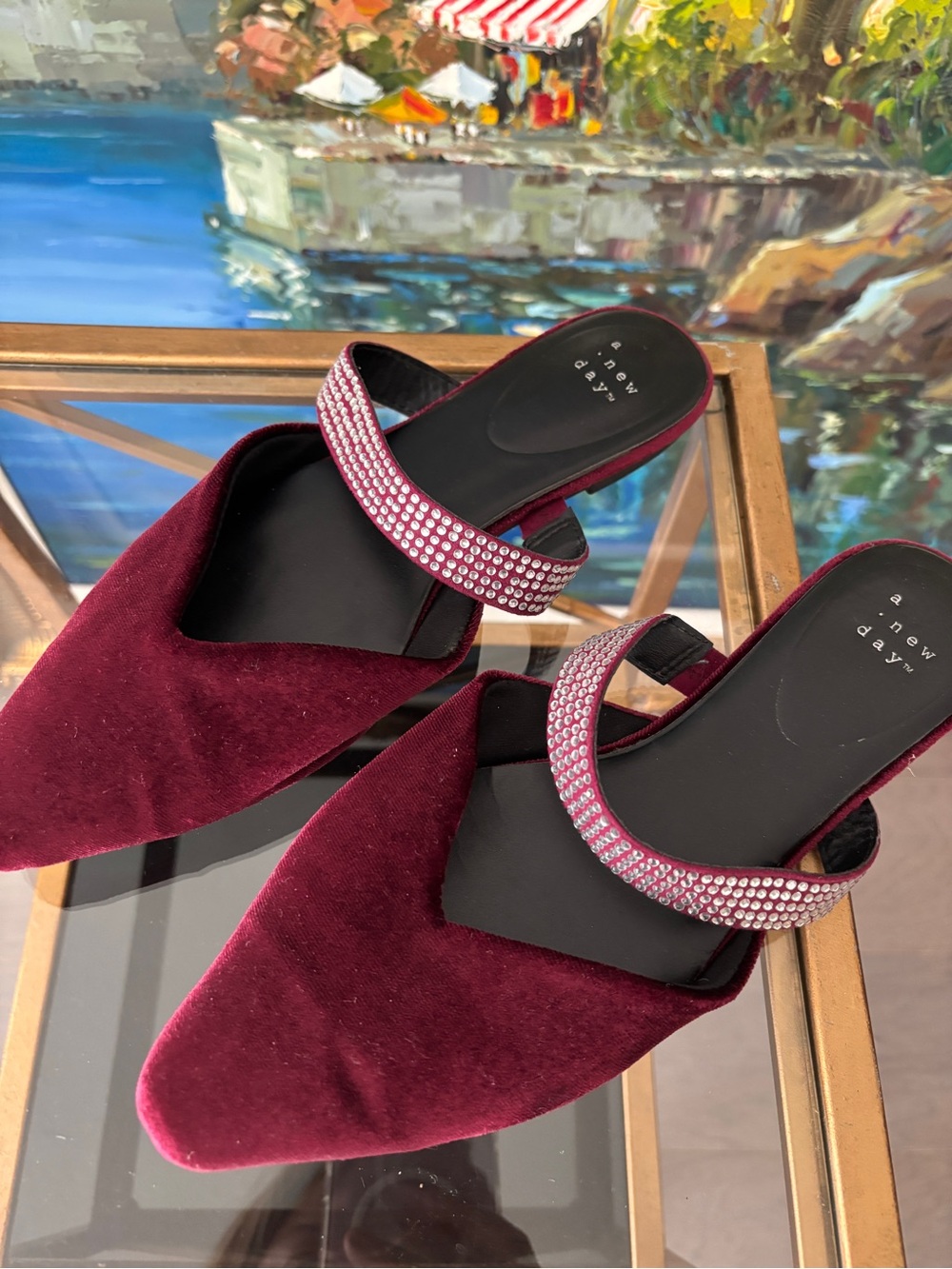 Burgundy Velvet Pointed Mules with Jeweled Strap